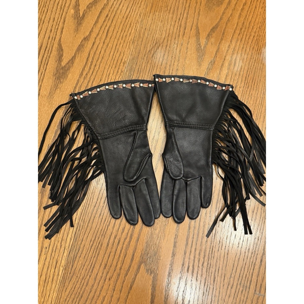 Patricia Wolf Black Leather Hand Painted Gloves Fringe Horses Beaded Cowgirl - Picture 3 of 11